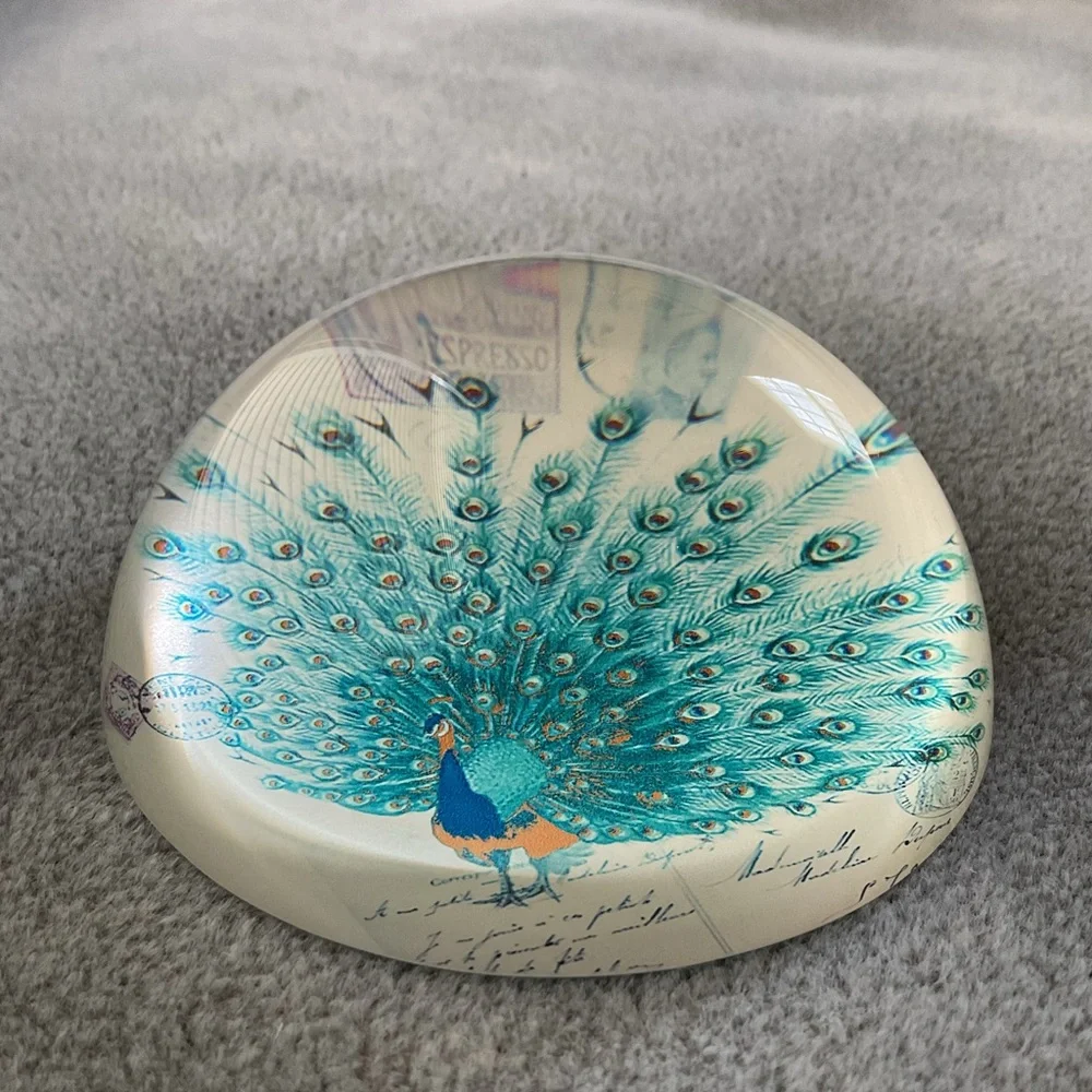 Glass Dome Paperweight Colorful Peacock Sea Blue